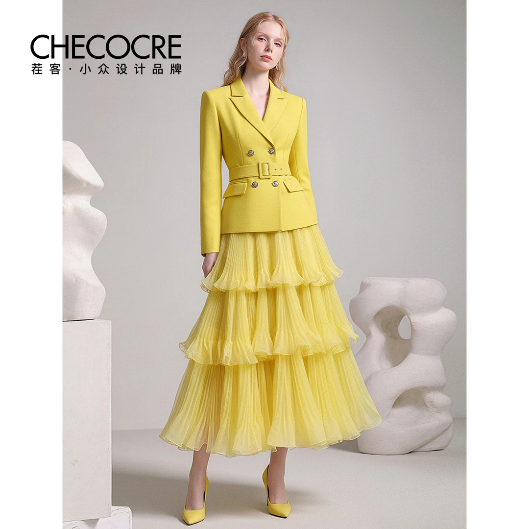 茬客【梵高的黄】个性西装套装裙西装领钻饰上衣纱裙CM730176AB