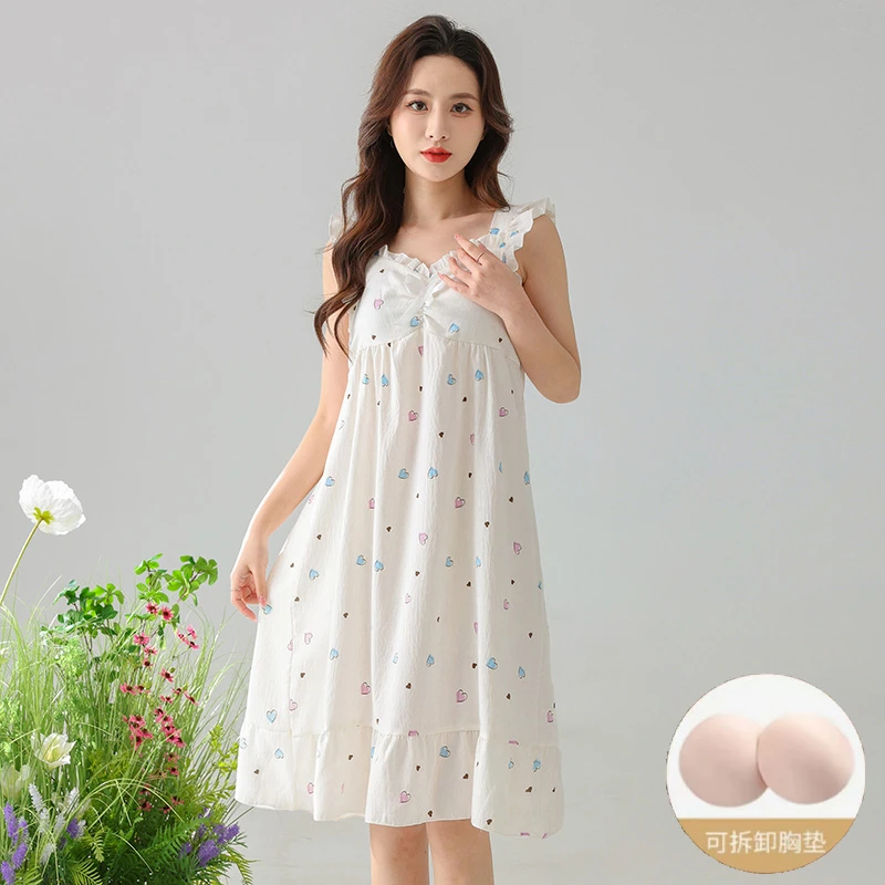 带胸垫防凸点吊带睡裙女夏季薄款云朵棉无袖睡衣甜美中长款家居服