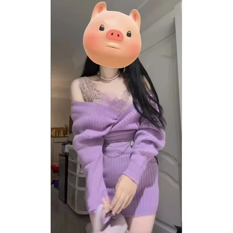 温柔姐姐系香芋紫针织包臀两穿连衣裙秋季纯欲漏肩蕾丝内搭两件套