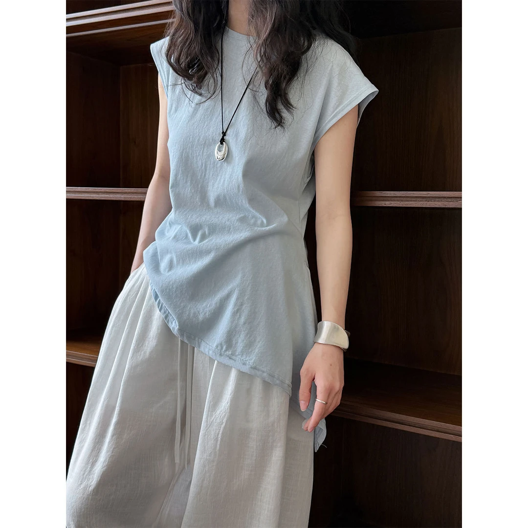 韩版简约修身系带短袖女夏季新款收腰不规则下摆T恤上衣显瘦外穿