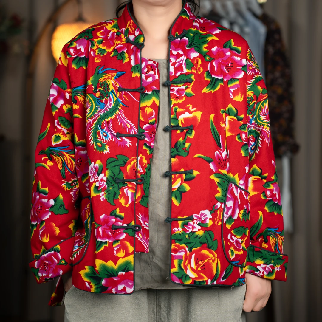 落点冬季加厚秋冬网红休闲外套清冷系禅意衣服国风东北大花袄棉服