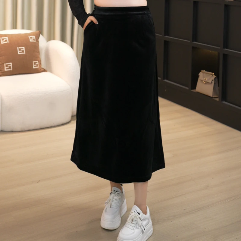 复古港风春秋高腰黑色松紧带显瘦过膝时尚半身裙14025