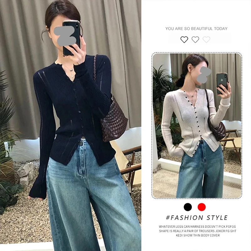 韩系穿搭别致黑色V领针织衫开叉纽扣设计感洋气独特打底衫女上衣