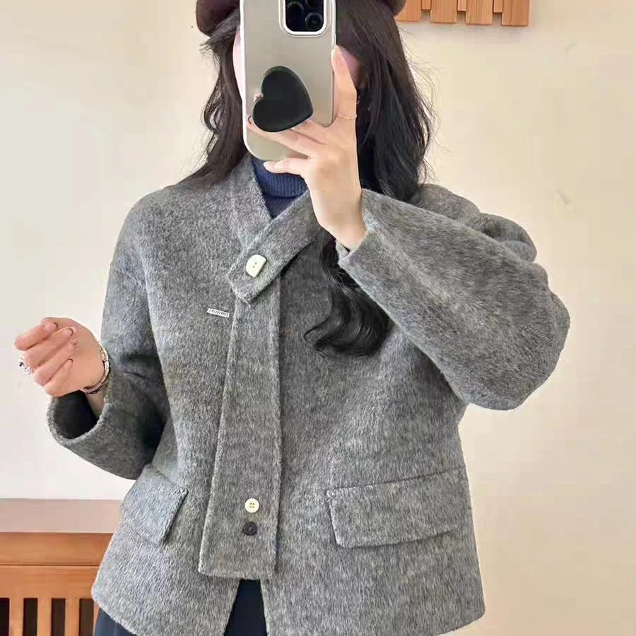 秋冬季新款紫色小香风双面羊绒短款女毛呢外套