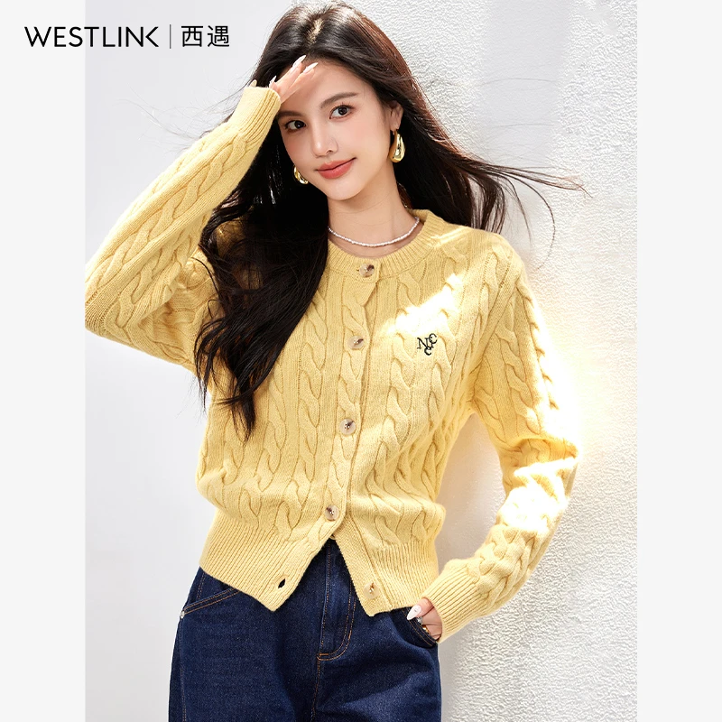 0940西遇韩系简约圆领麻花设计感针织外套女2024秋季新款开衫上衣