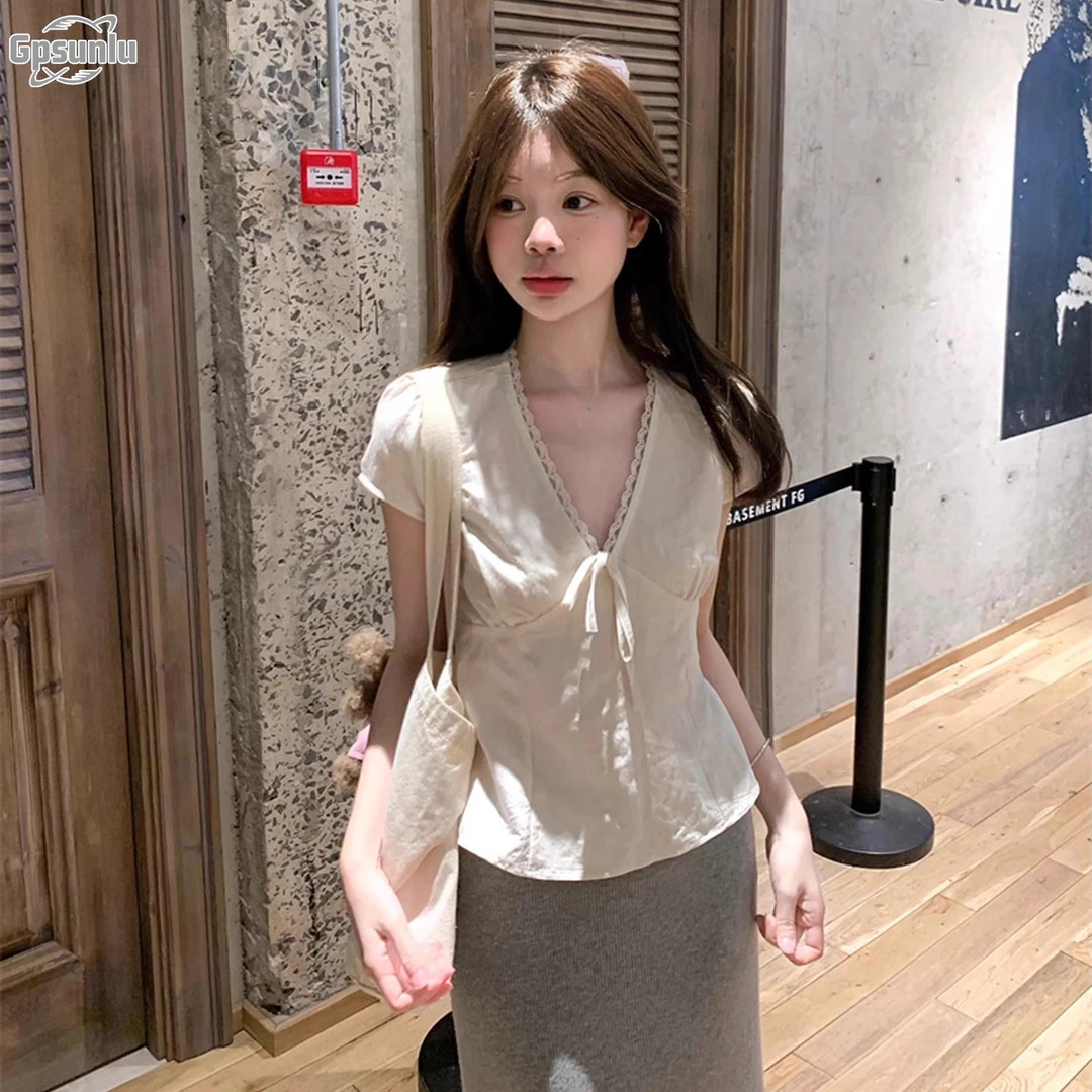 gpsunlu法式温柔风杏色领收腰短袖衬衫女夏季衬衣甜美小衫上衣