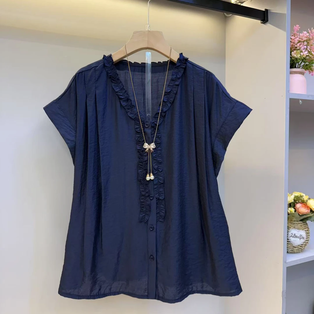 欧货2025大码女装夏季减龄木耳边洋气显瘦时尚宽松衬衫