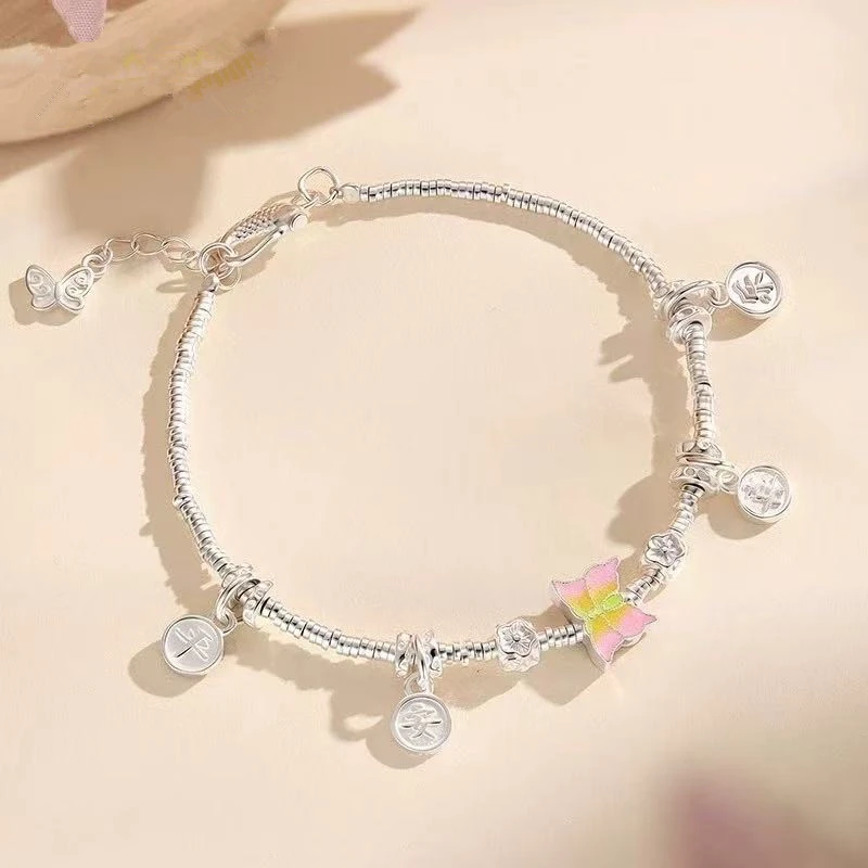 足银手链 990国风珐琅彩蝴蝶喜乐平安盘缠手链