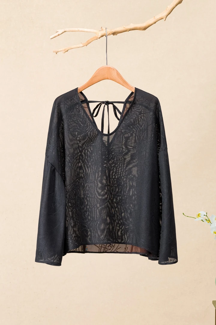 大满家黑色兰草花四经绞罗桑蚕丝落肩接袖套头上衣国风新中式