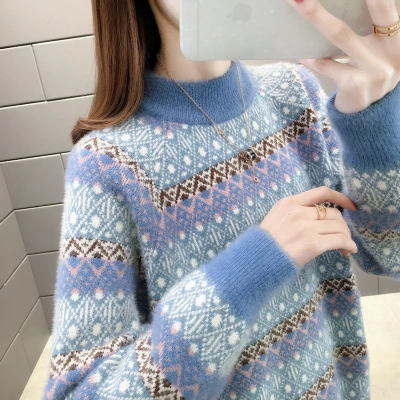 宽松上衣半高领加厚洋气水貂绒针织套头毛衣新款杉条纹秋冬慵懒女