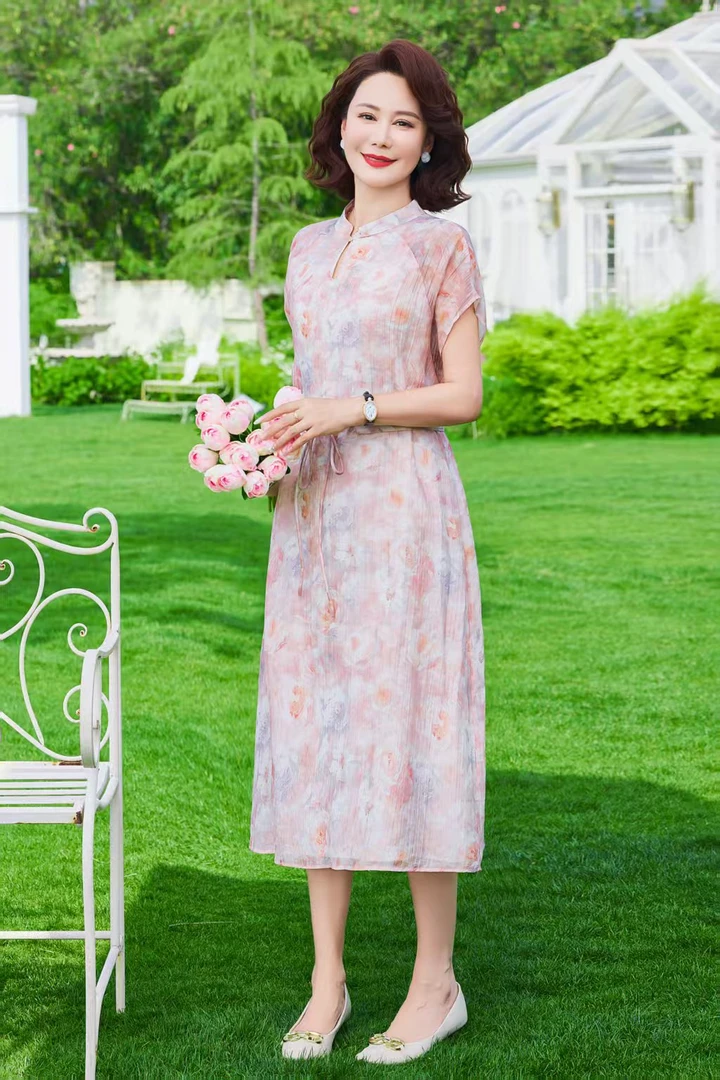 芭蕾粉气质修身时尚休闲夏季高端大码妈妈装连衣裙