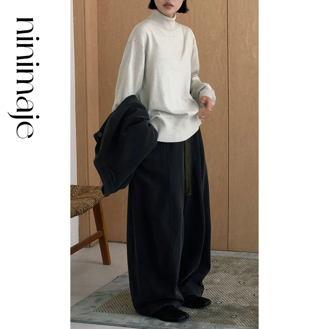 NanBeiBei 小众极简设计款复古全棉立裁结构抽绳直筒裤 7276