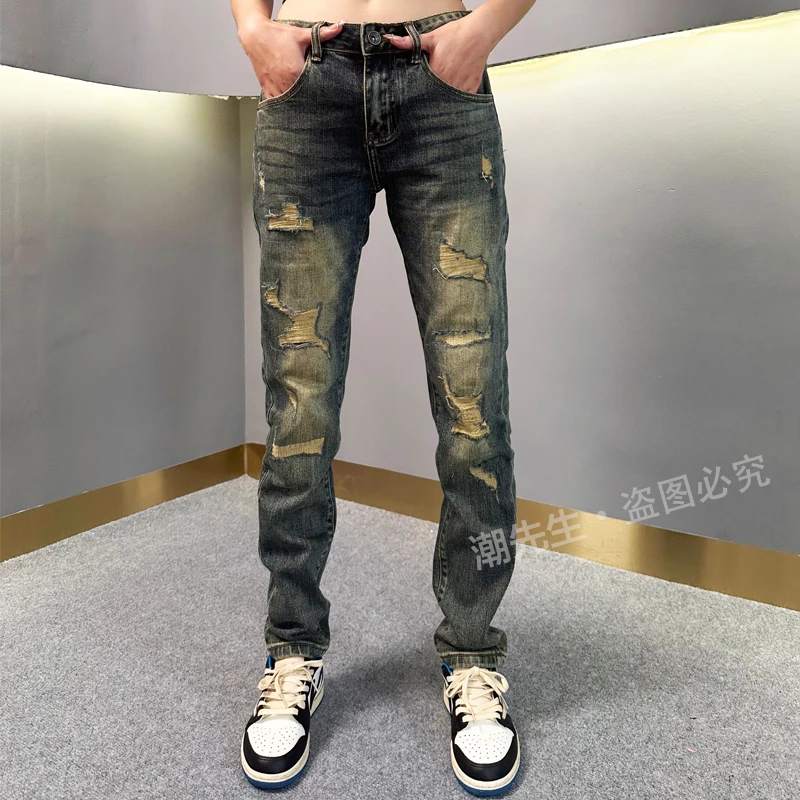 秋冬新款潮流破洞男士牛仔裤修身百搭弹力水洗时尚休闲九分/长裤