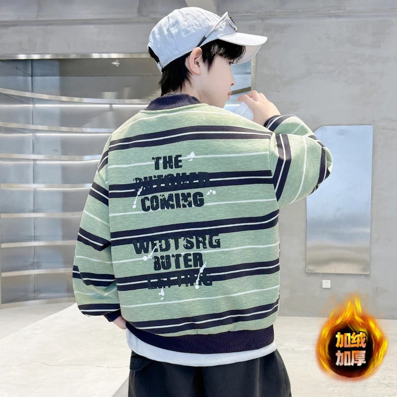 男童条纹字母加绒一体绒卫衣秋冬2025新款儿童加厚保暖上衣中大童