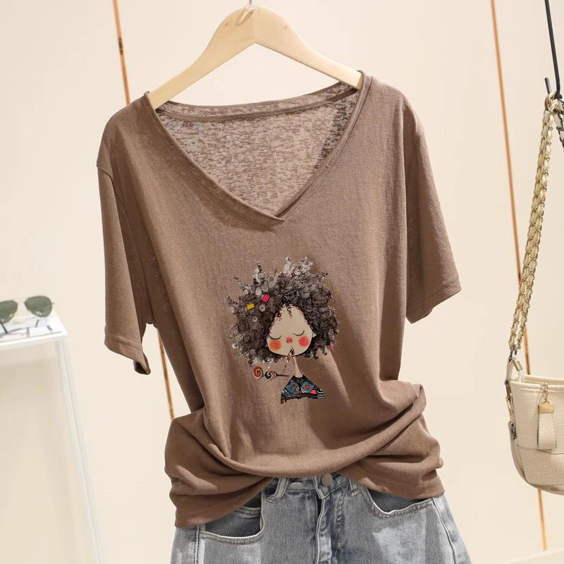 森系极简风V领字母印花短袖宽松型薄款雪花棉夏季T恤2025新款打底