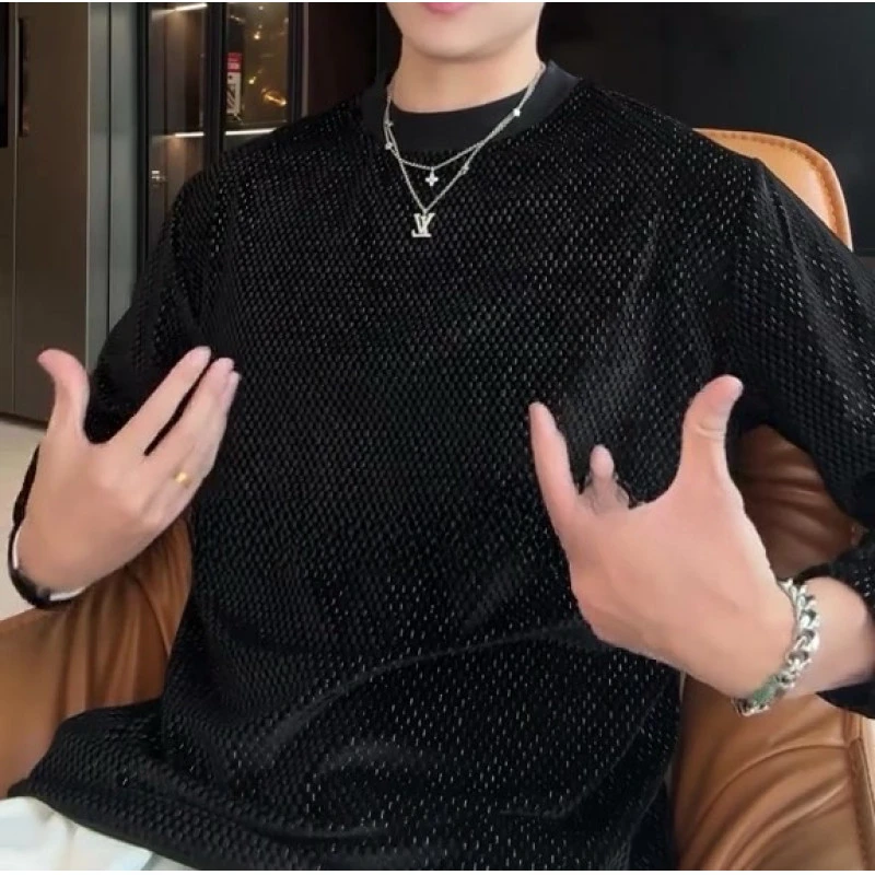 2025秋冬季新款美式潮牌亮片套头圆领上衣时尚百搭宽松潮流T恤衫