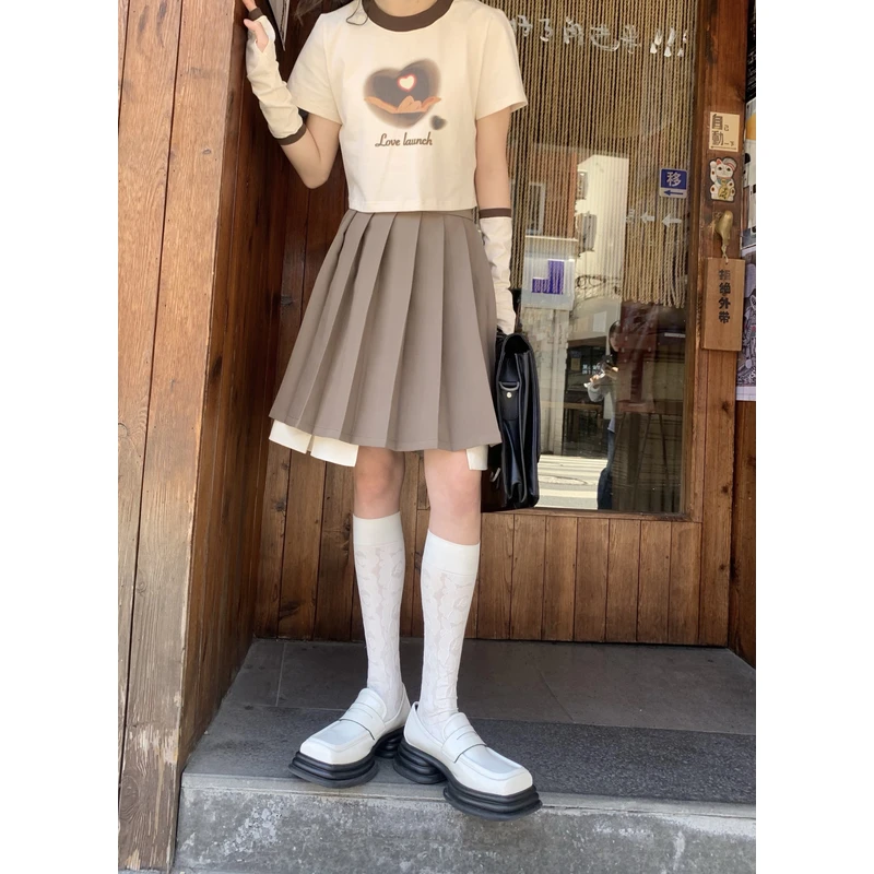 霍里德地图 棕色假两件百褶裙女2024春季新款设计感a字短裙半身裙