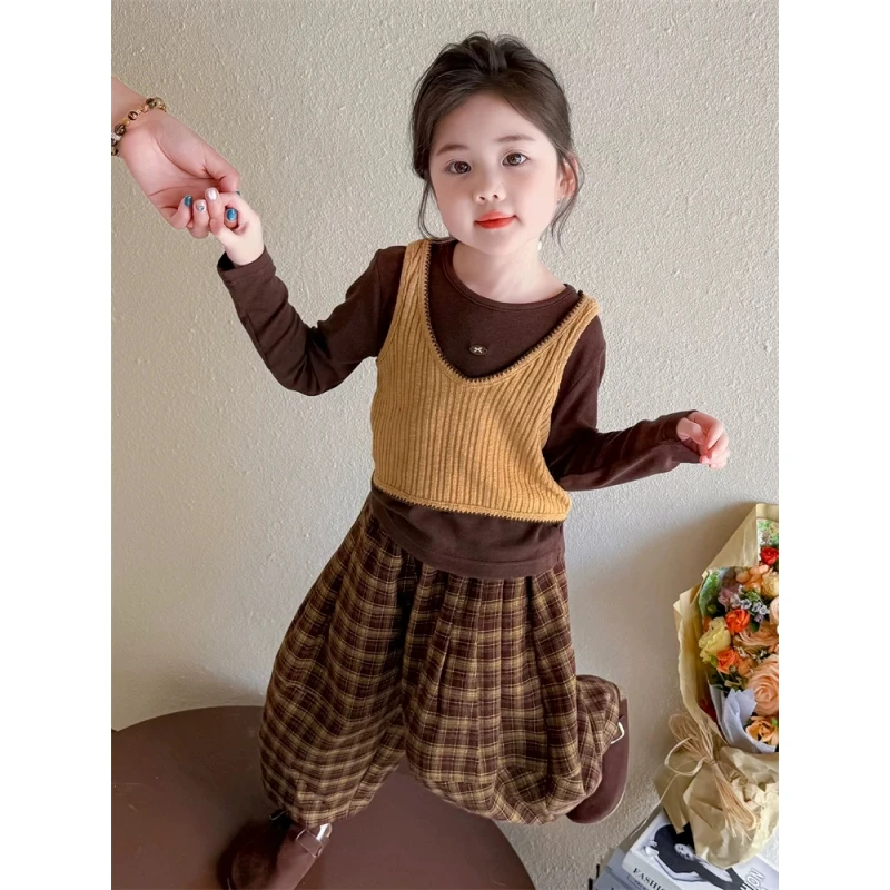 女童2025春秋季新款打底衫背心格子裤三件套时髦洋气女宝宝潮酷美