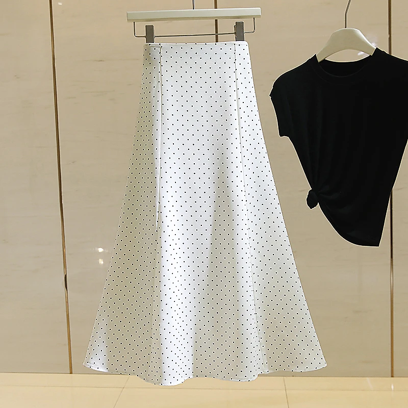 culv杏色波点高腰中长款半身裙女夏季新款垂感法式a字大摆裙长裙