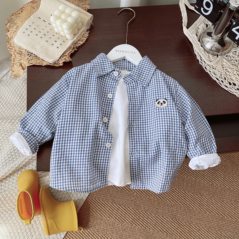 童装宝宝洋气长袖衬衫男童纯棉翻领格子衬衣2025新款春秋装上衣
