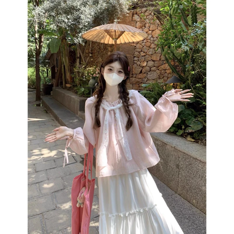 夏季清新圆领长袖系带宽松防晒衬衫女温柔风甜美上衣