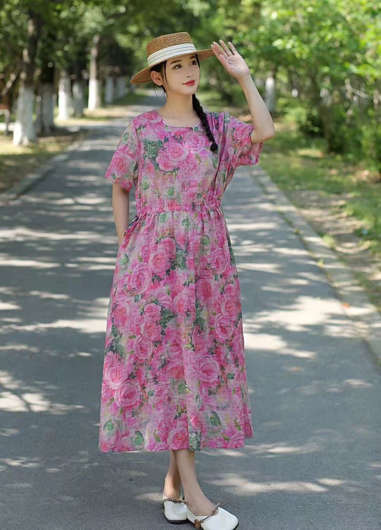 夏季新款亚麻收腰显瘦过膝大摆气质女士短袖连衣裙妈妈款40-60岁
