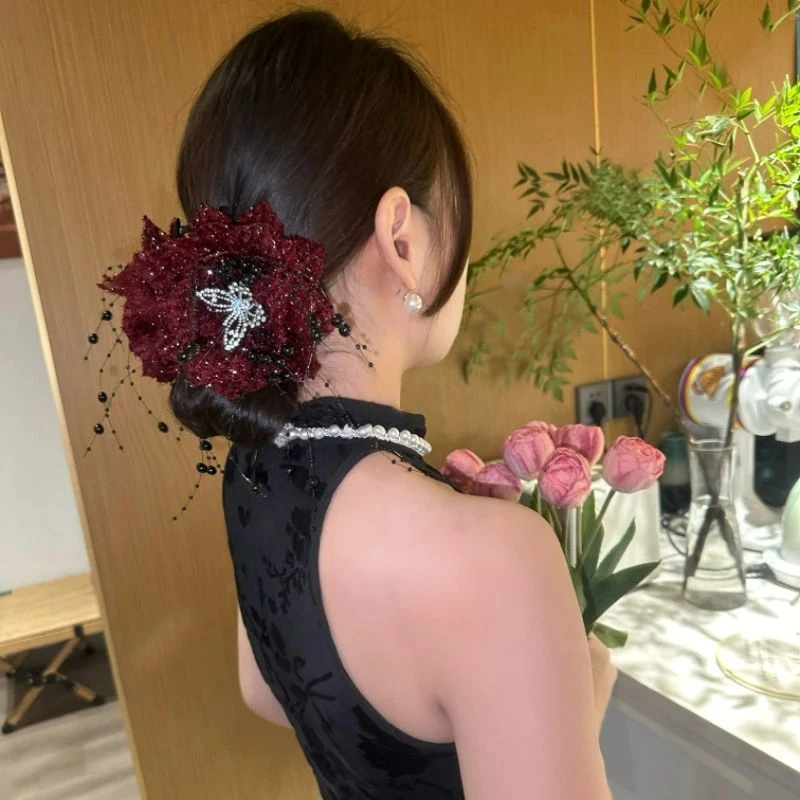 大号气质复古飘带港风百搭羽毛花朵红色流苏鲨鱼夹显发量头饰发夹