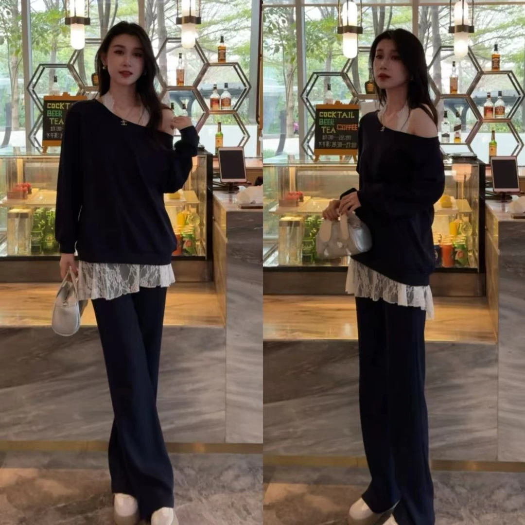 2025蕾丝拼接斜肩假两件卫衣+直筒休闲裤套装