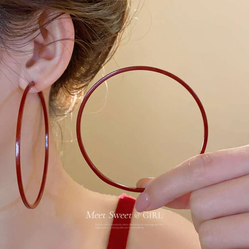 足银羽毛耳饰 大红色耳圈夸张圆圈银针耳环女2025新款爆款高级感
