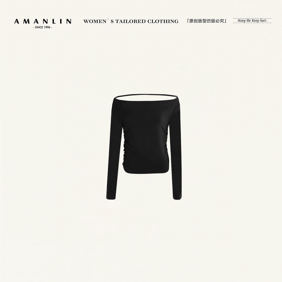 AMANLIN/阿谩琳琥珀流光斜肩时尚一字领秋季内搭打底上衣S600898