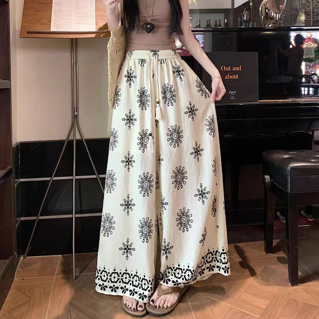 惠惠大码女装夏季印花抽绳阔腿裤女宽松百搭度假风舒适休闲长裤