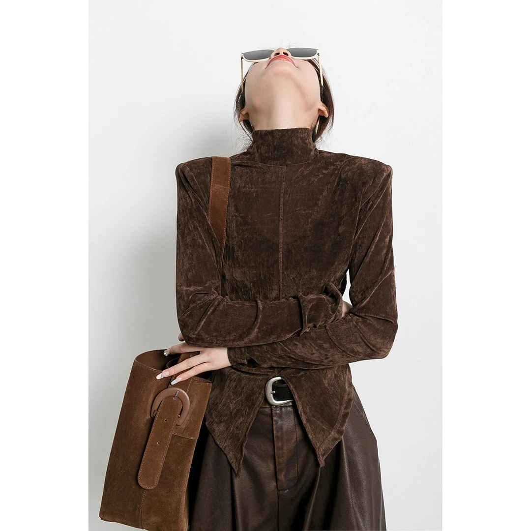 潮葩 收腰开叉 美拉德咖色半高领植绒上衣女秋季2025新款打底小衫