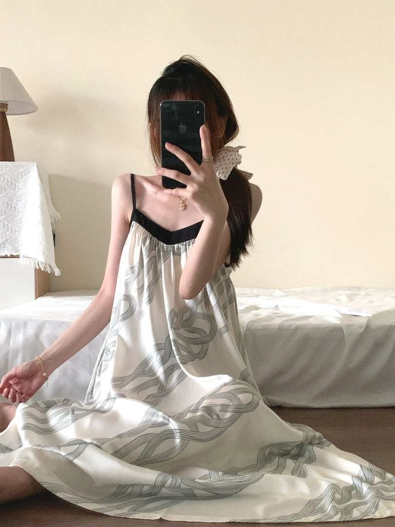 水墨风吊带连衣裙唯美女士带胸垫家居服睡裙可外穿甜美性感撞色