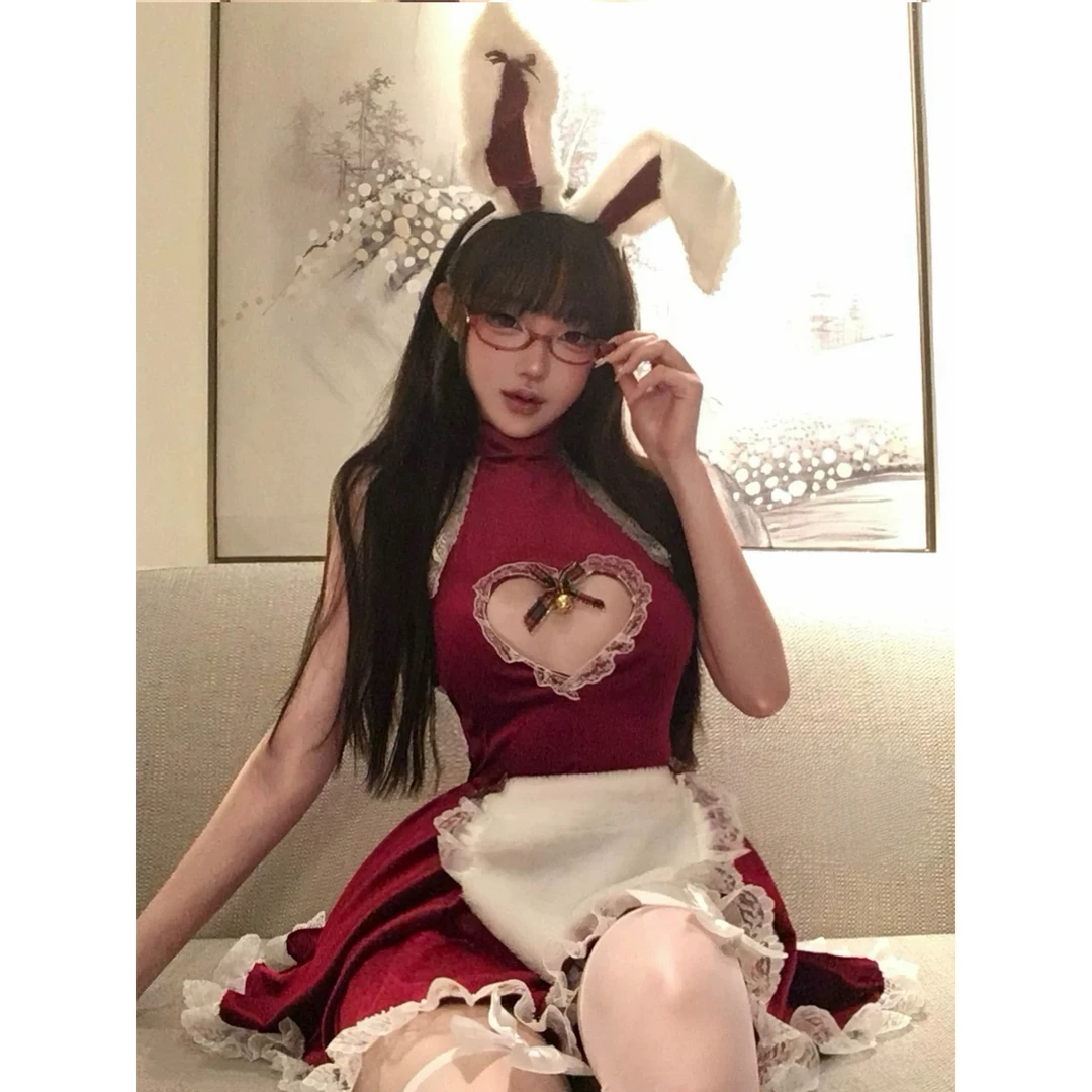 半熟起司圣诞性感纯欲甜美可爱cos女仆裙制服红色丝绒连衣裙