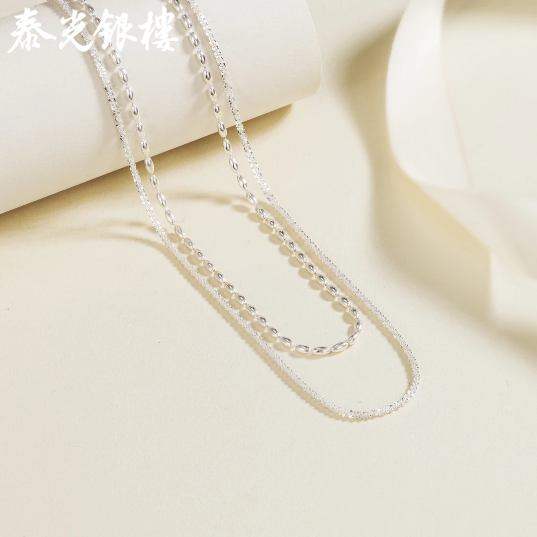 泰光银楼 链子925银 雪花米豆项链满天星女双层叠戴锁骨链时尚