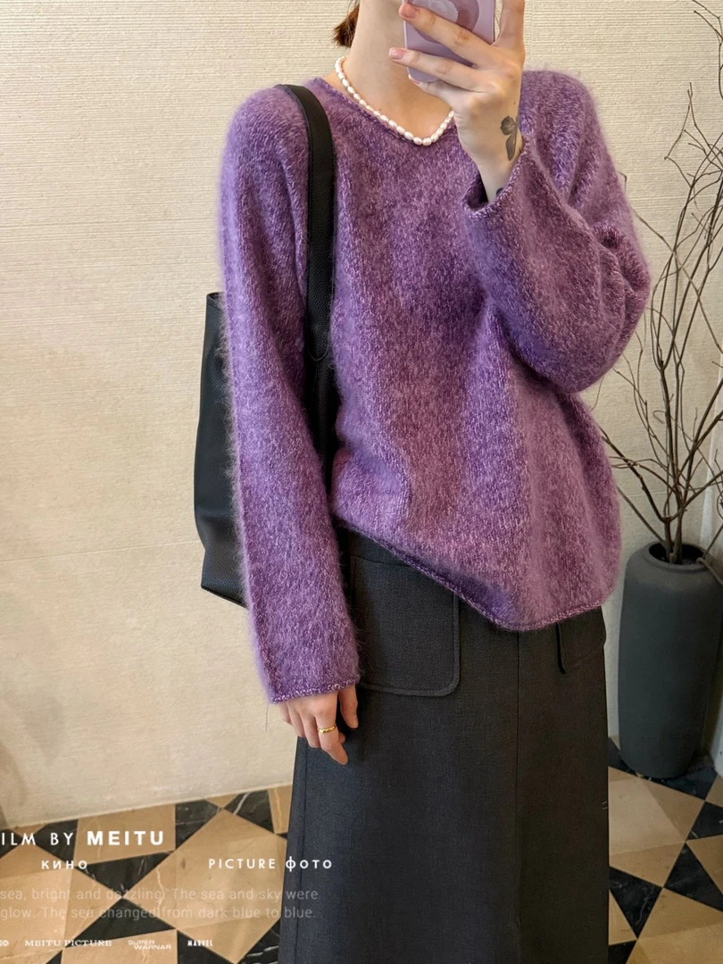 ANYUMO/安妤茉102223秋季纯色毛衣针织高级圆领慵懒风韩版宽松女
