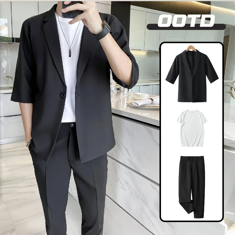 休闲7分袖西装男薄款痞帅外套韩版潮流百搭时尚帅气半袖小西服潮