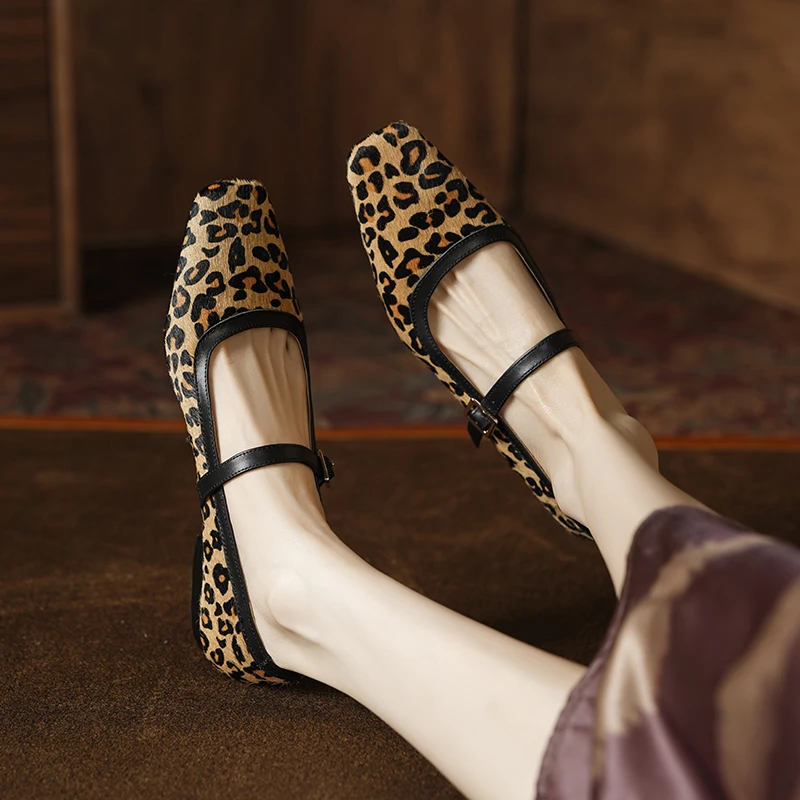 马皮1.5公分/时尚豹纹方头玛丽珍鞋舒适平底浅口一字带通勤单鞋