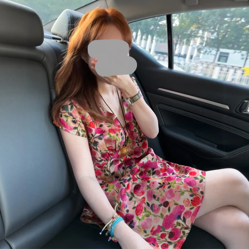 油画少女甜美纯欲花朵开叉短袖衬衫2026夏季新款气质显瘦中式上衣