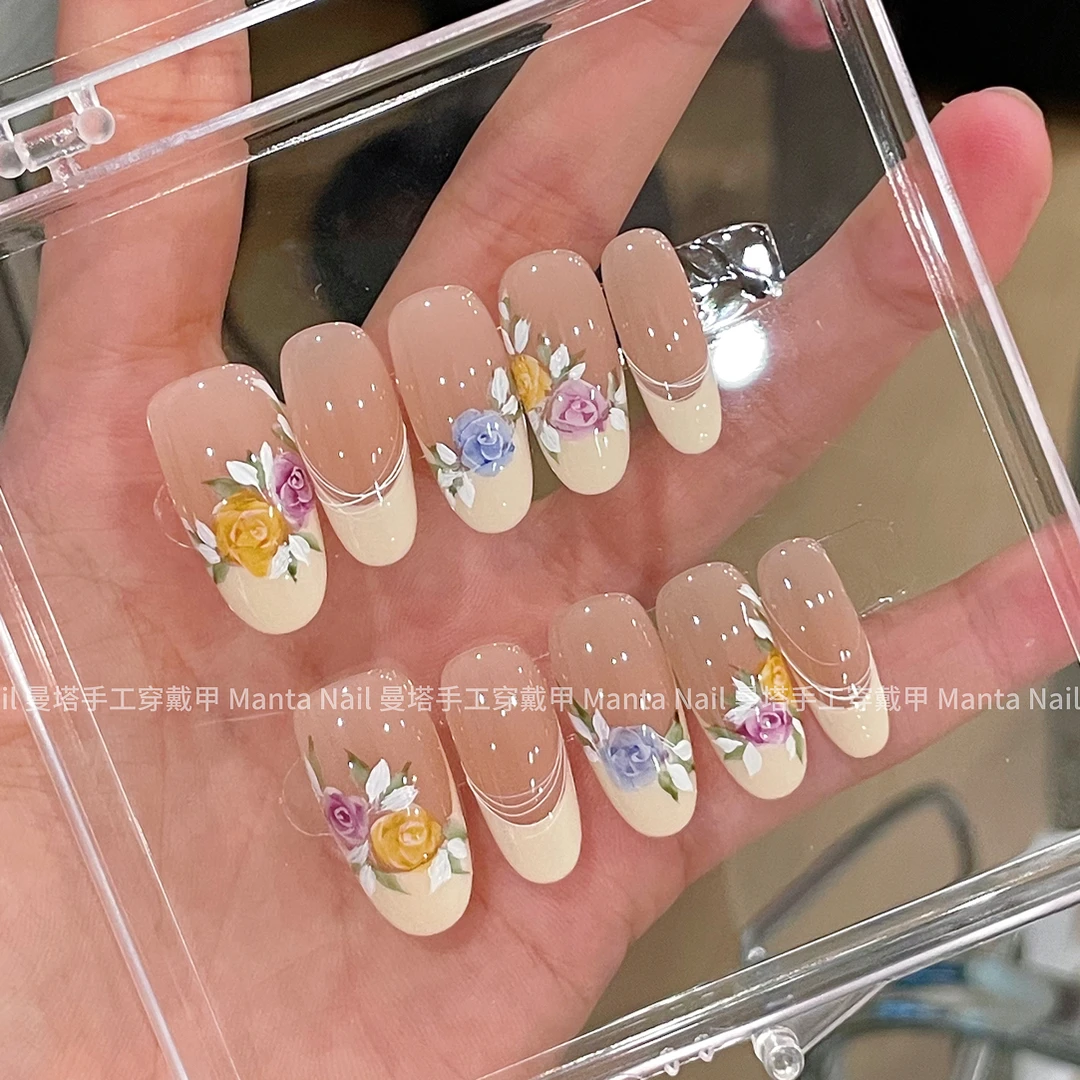 水彩玫瑰2～重工水彩玫瑰纯欲法式纯手工穿戴甲