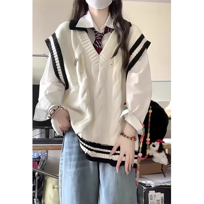 学院风白色V领麻花针织马甲女无袖坎肩外搭叠穿毛衣衬衫两件套春