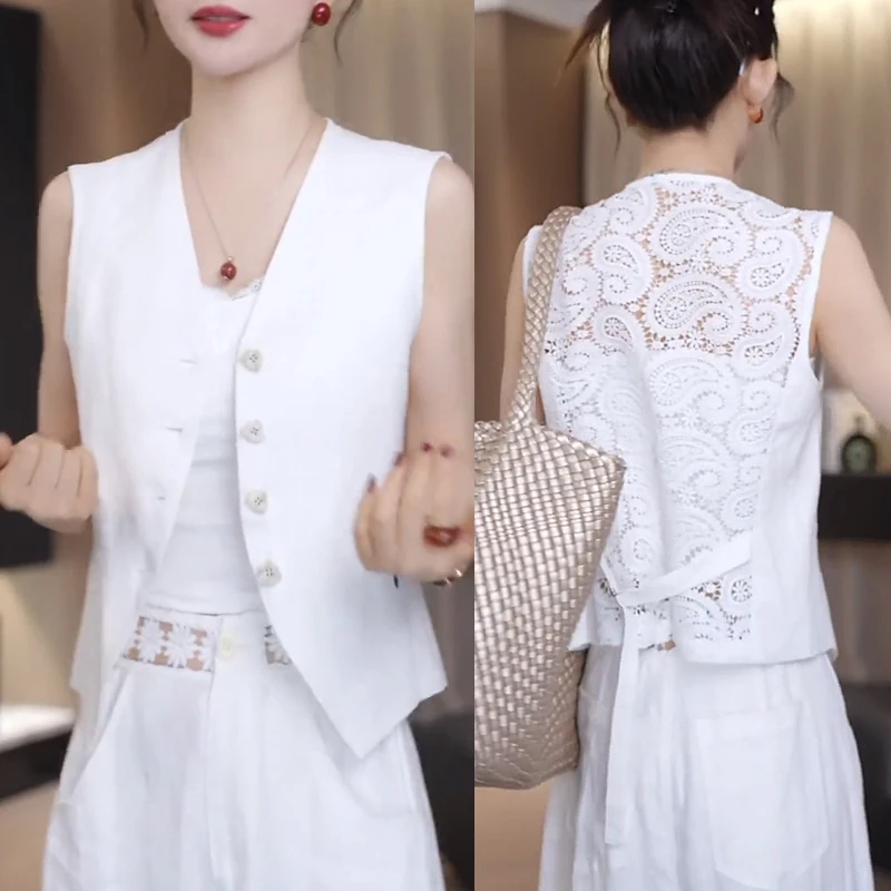 复古法式花边蕾丝拼接设计大v领马甲白色背心2025年春季新款女装