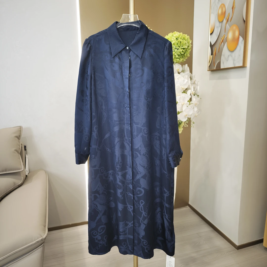 【宸慕】翻领重磅桑蚕丝长裙提花黑色国风女士宽松