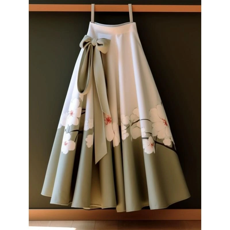 高腰垂感马面裙撞色印花百褶设计复古气质半身裙春秋穿搭裙子大摆