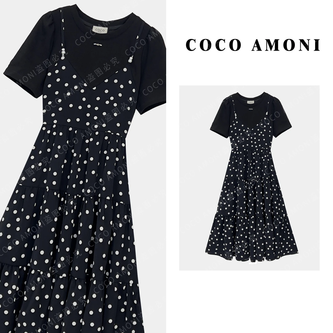 【LL】高级设计师原创新款时尚女装拼接重工波点显瘦连衣裙ZC807