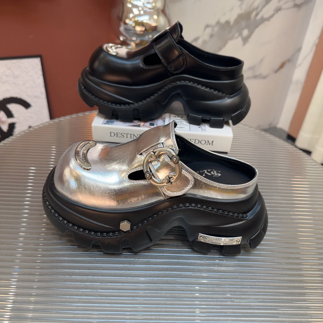 原创设计增高厚底鞋女包头半拖小皮鞋一脚蹬大头松糕半拖9998-2圣