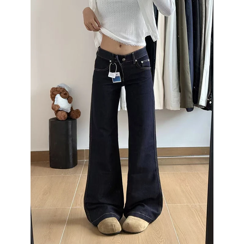 深蓝原色低腰微喇牛仔裤女秋季新款美式复古宽松显瘦不贴腿喇叭裤