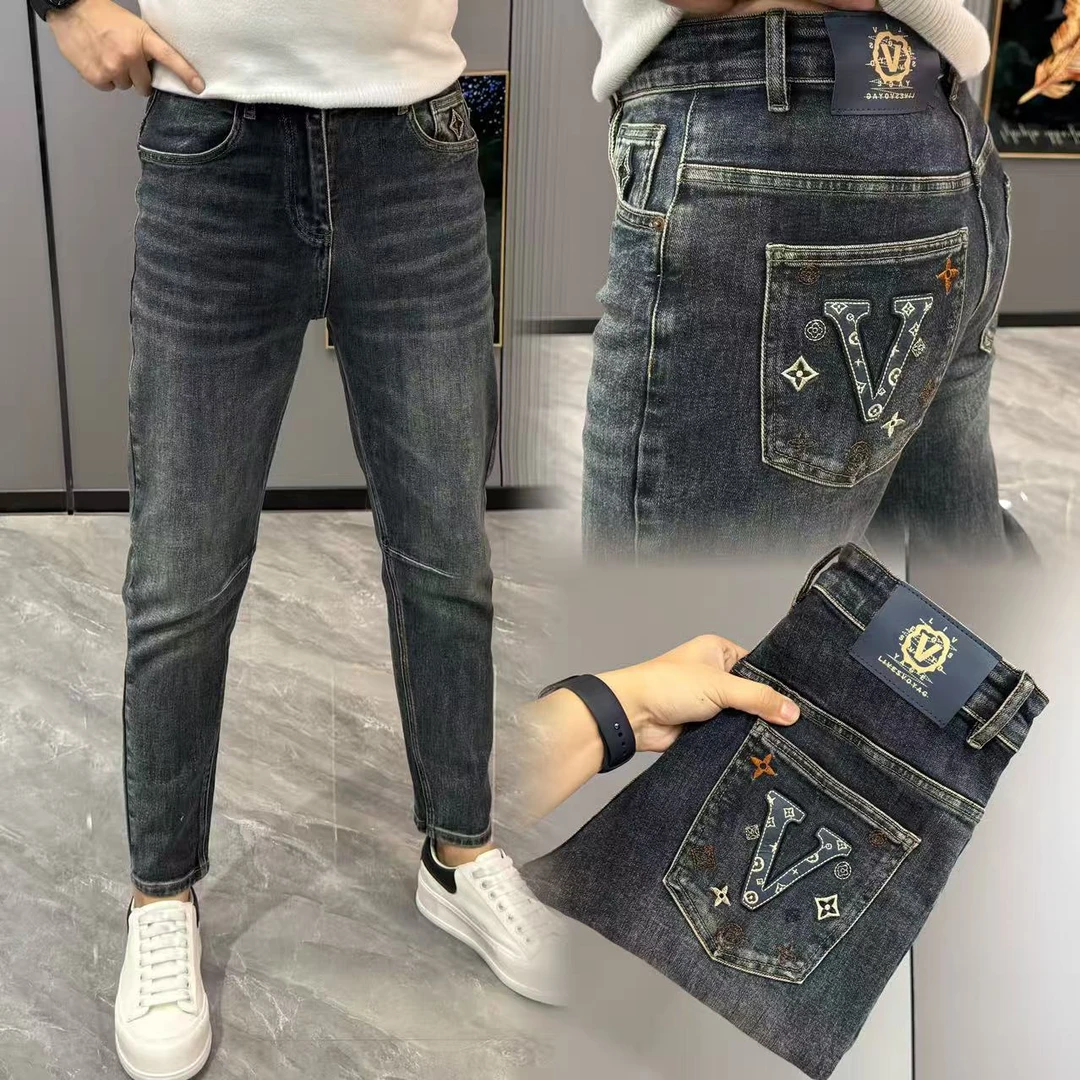男士牛仔裤冬季新款百搭长裤时尚裤兜提花小脚裤弹力修身长裤潮流