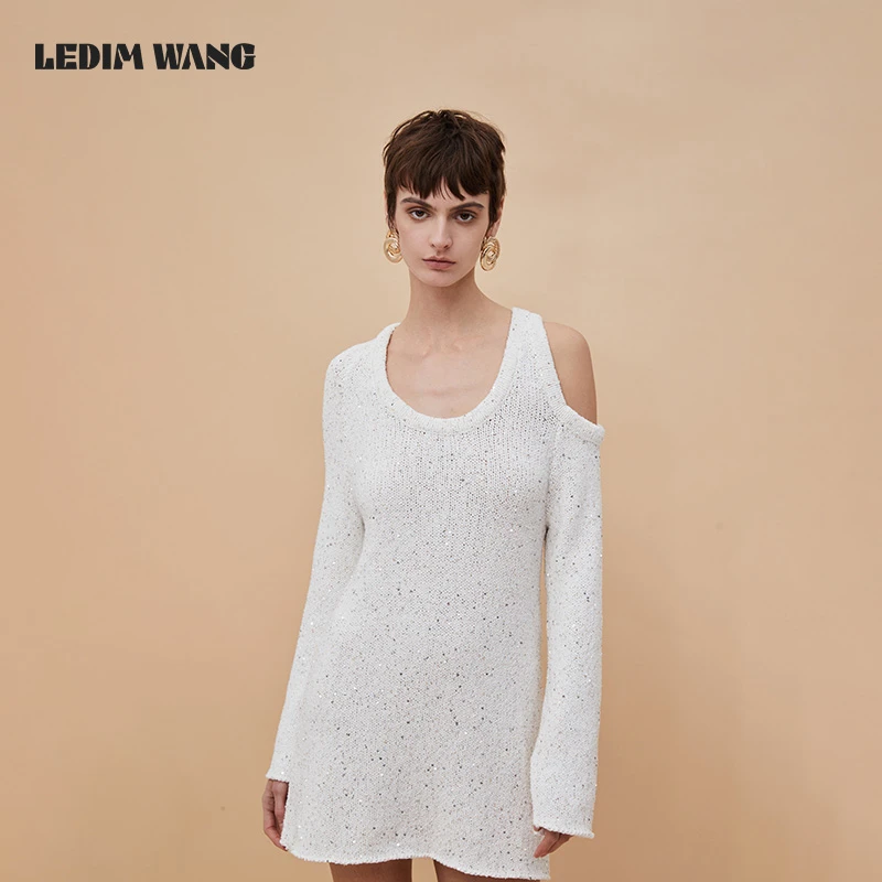 1LEDIM WANG露肩亮片不规则毛衣女新款舒适白色个性小众设计高级