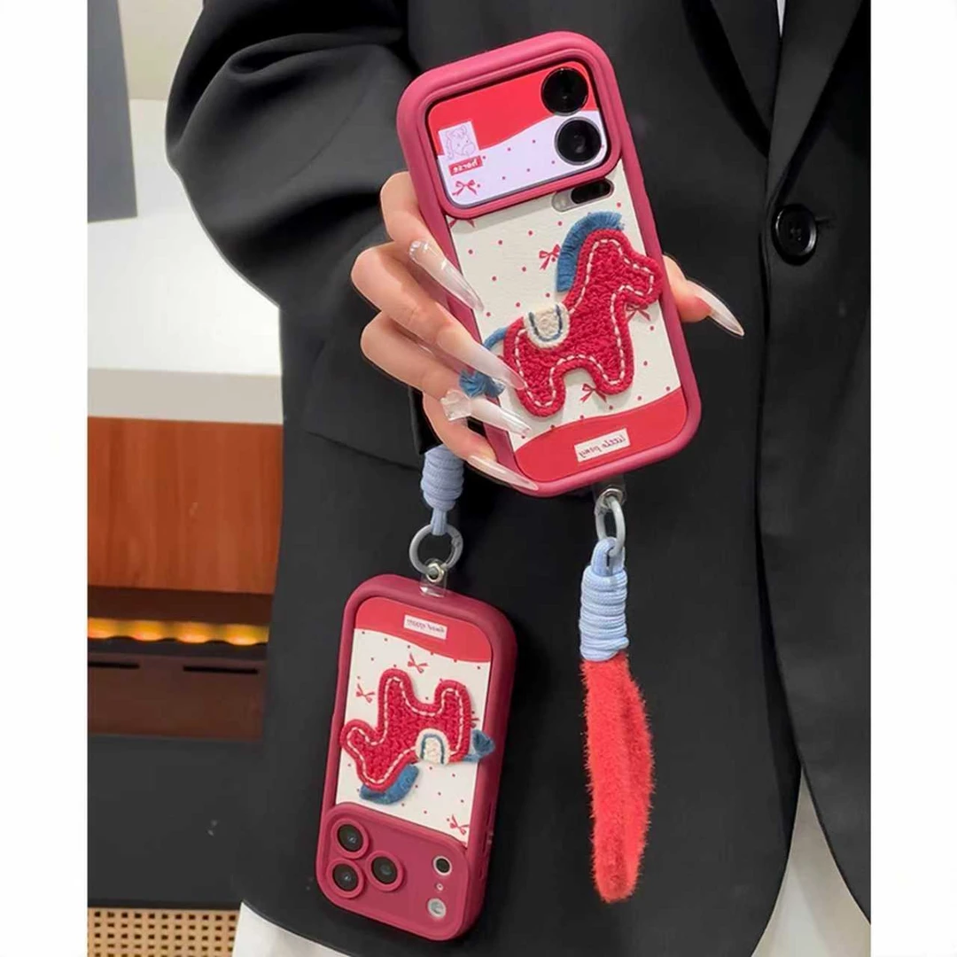 红色卡通波点小马挂绳适用iPhone1716手机壳苹果华为vivo小米oppo